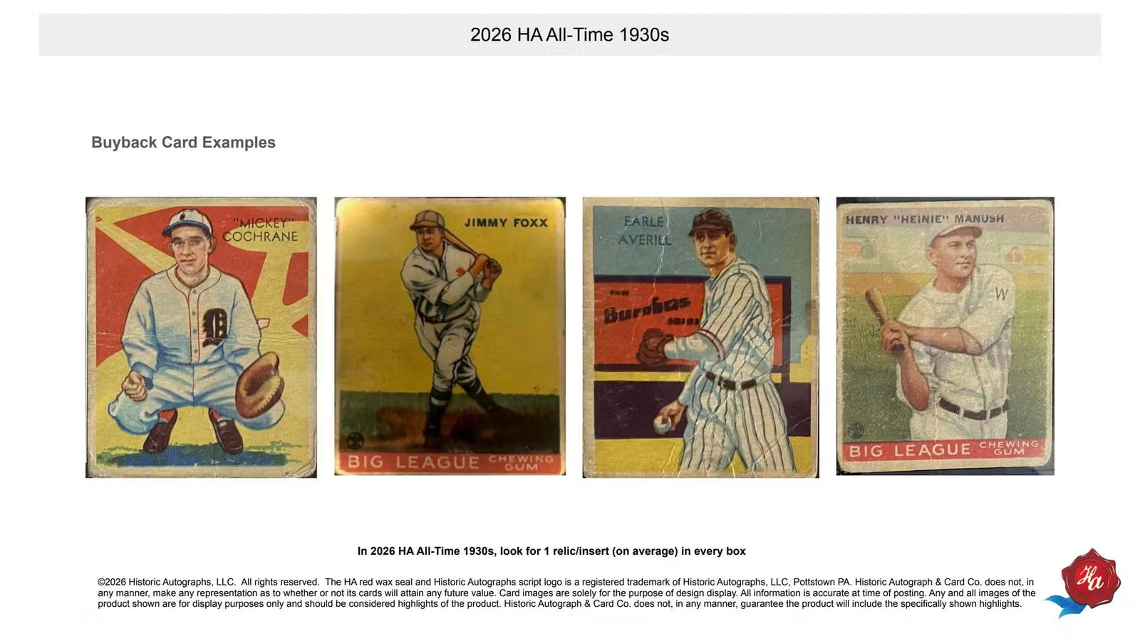 2026 Historic Autographs All-Time 1930s Baseball Hobby Box
