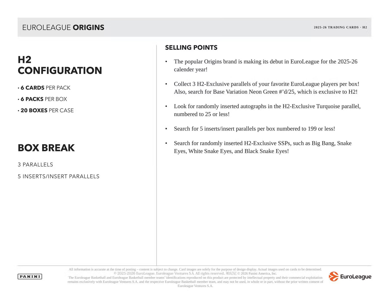 2025/26 Panini Origins EuroLeague Basketball H2 Box