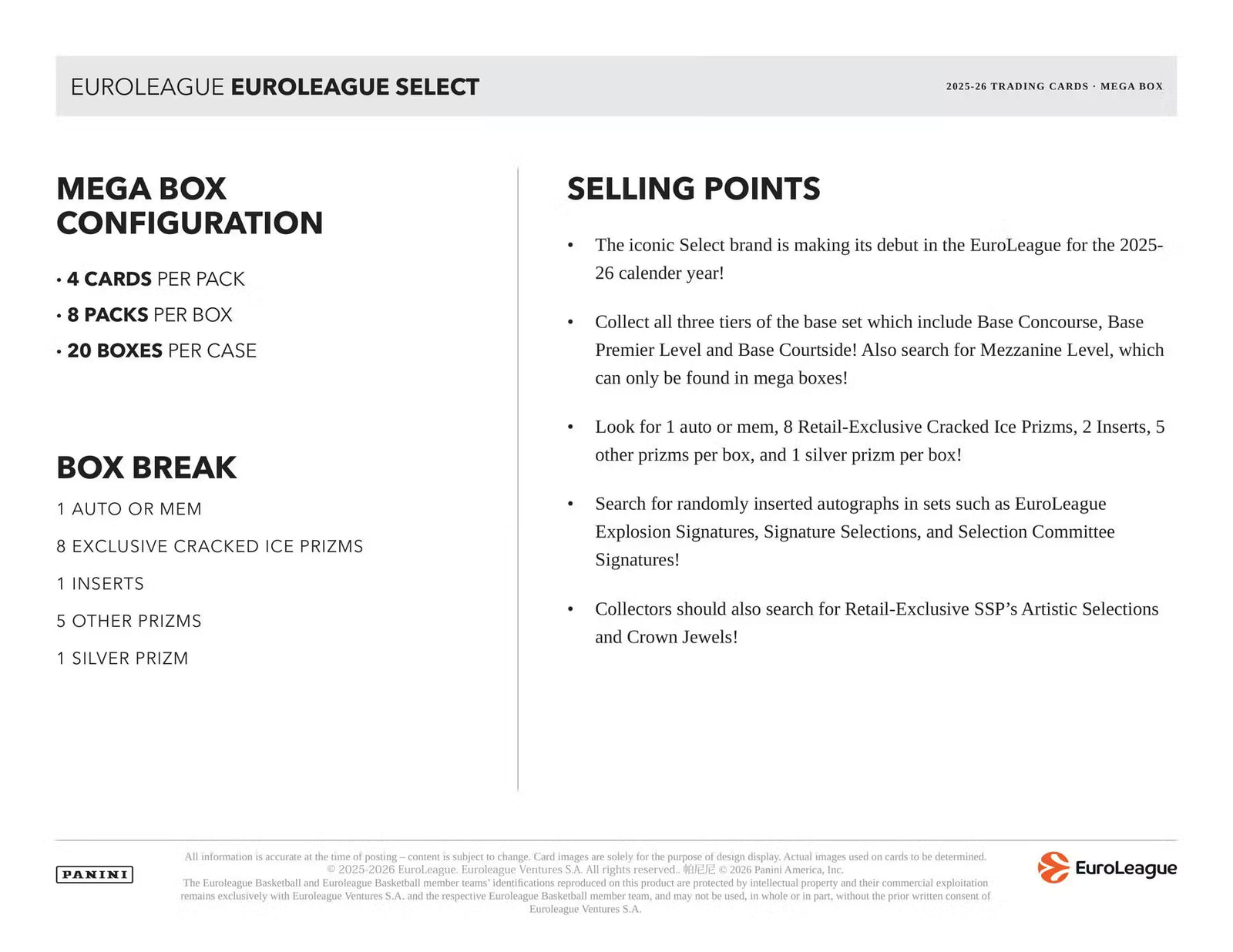 2025/26 Panini Select EuroLeague Basketball Hobby Mega Box