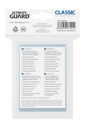 Ultimate Guard 100 pochettes Classic Soft Sleeves taille standard Transparent
